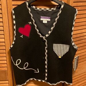 Marylou Ozbolt Storer Black Vest with Houndstooth Trim & Embroidered Appliqués